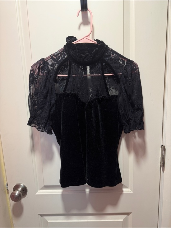 Killstar Tops - Killstar Black Velvet & Lace High Neck Top